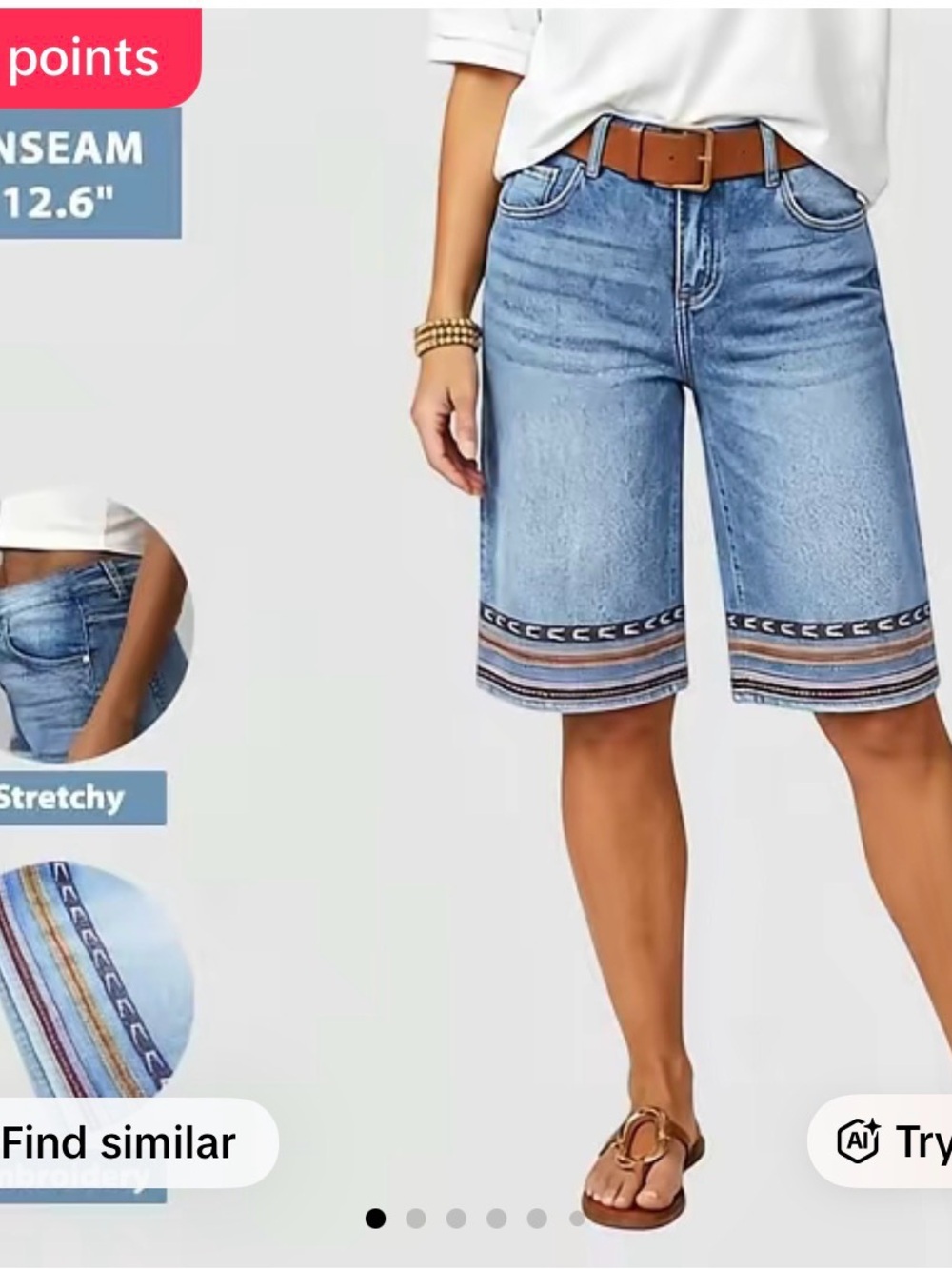 Women's Light Blue Embroidered Hem Denim Bermuda Shorts